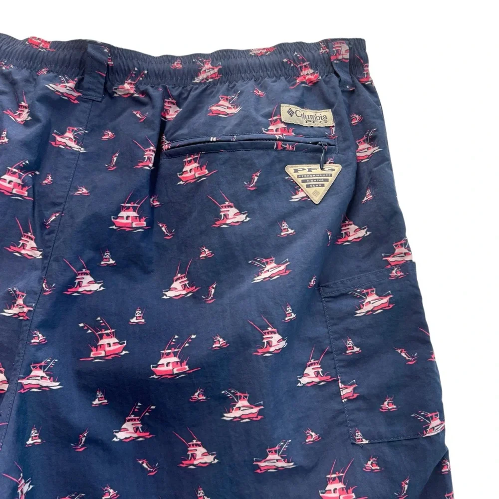 Columbia PFG Blue w/ Pink Sail Boats Swim Trunks Fishing Mesh Shorts Mens XL 132
